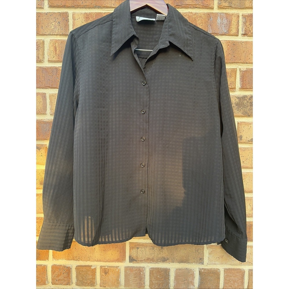Joanna Vintage Black Button Blouse Semi-Sheer, Checkered Tonal Design, Large